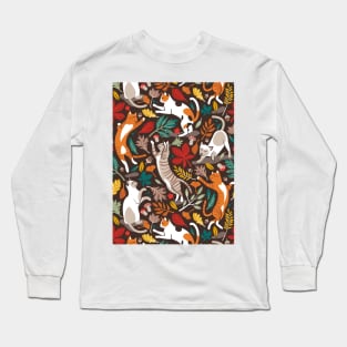 Autumn joy // pattern // brown oak background cats dancing with many leaves in fall colors Long Sleeve T-Shirt